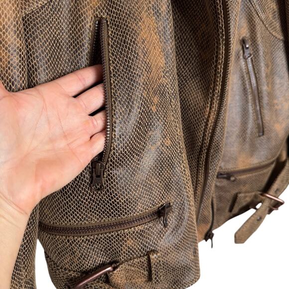 Free People Distressed Snake Fenix Faux-Leather Moto Jacket Brown Size L - Picture 3 of 5